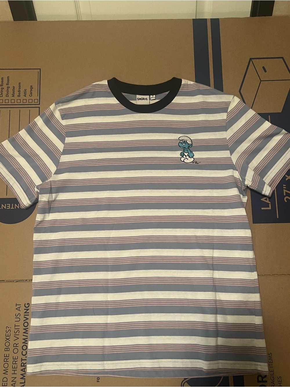 Striped Short-Sleeve Tee with Smurf Chest Graphic - White/Blue